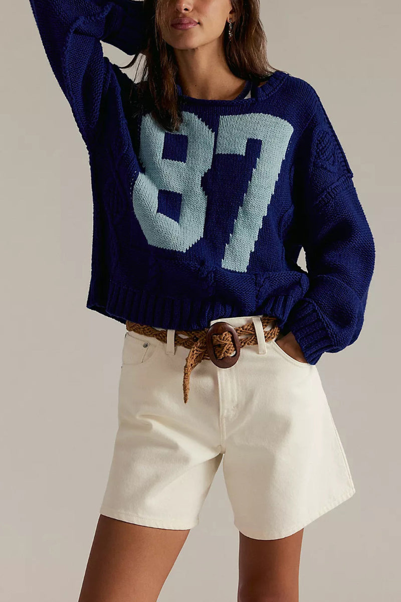 Casual Number Graphic Knit Sweater Long Sleeve Pullover