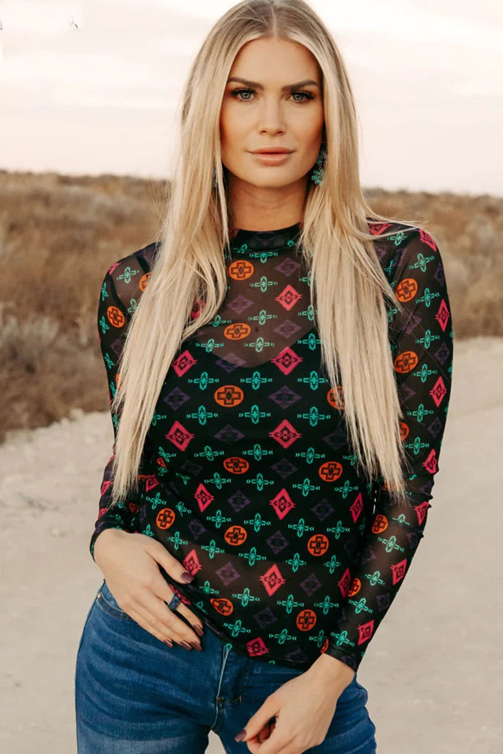 Western Aztec Print Sheer Long Sleeve Top
