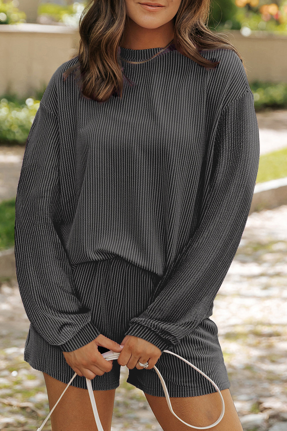 Corded Knit Long Sleeve Top and Shorts Set