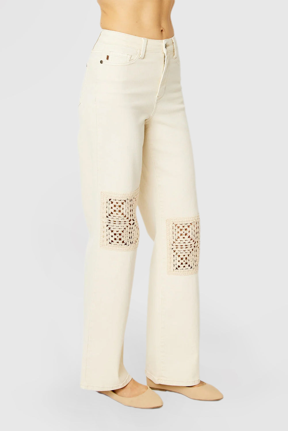 High-Waist Wide-Leg Pants with Crochet Patches