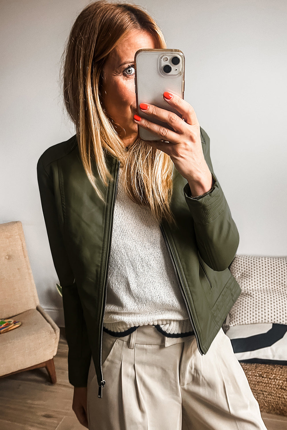 Chestnut Solid Faux Leather Zipper Slim Fit Bomber Jacket