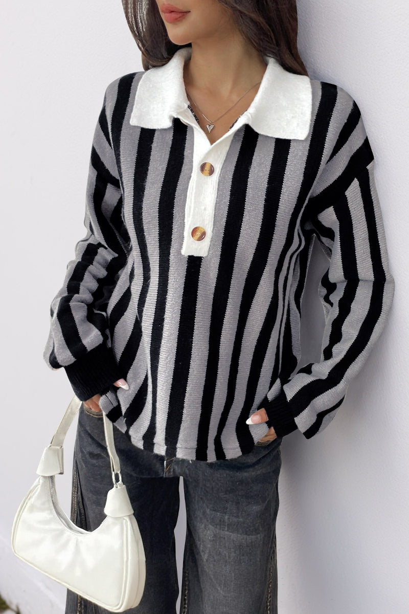 Striped Knit Collared Pullover Sweater Top