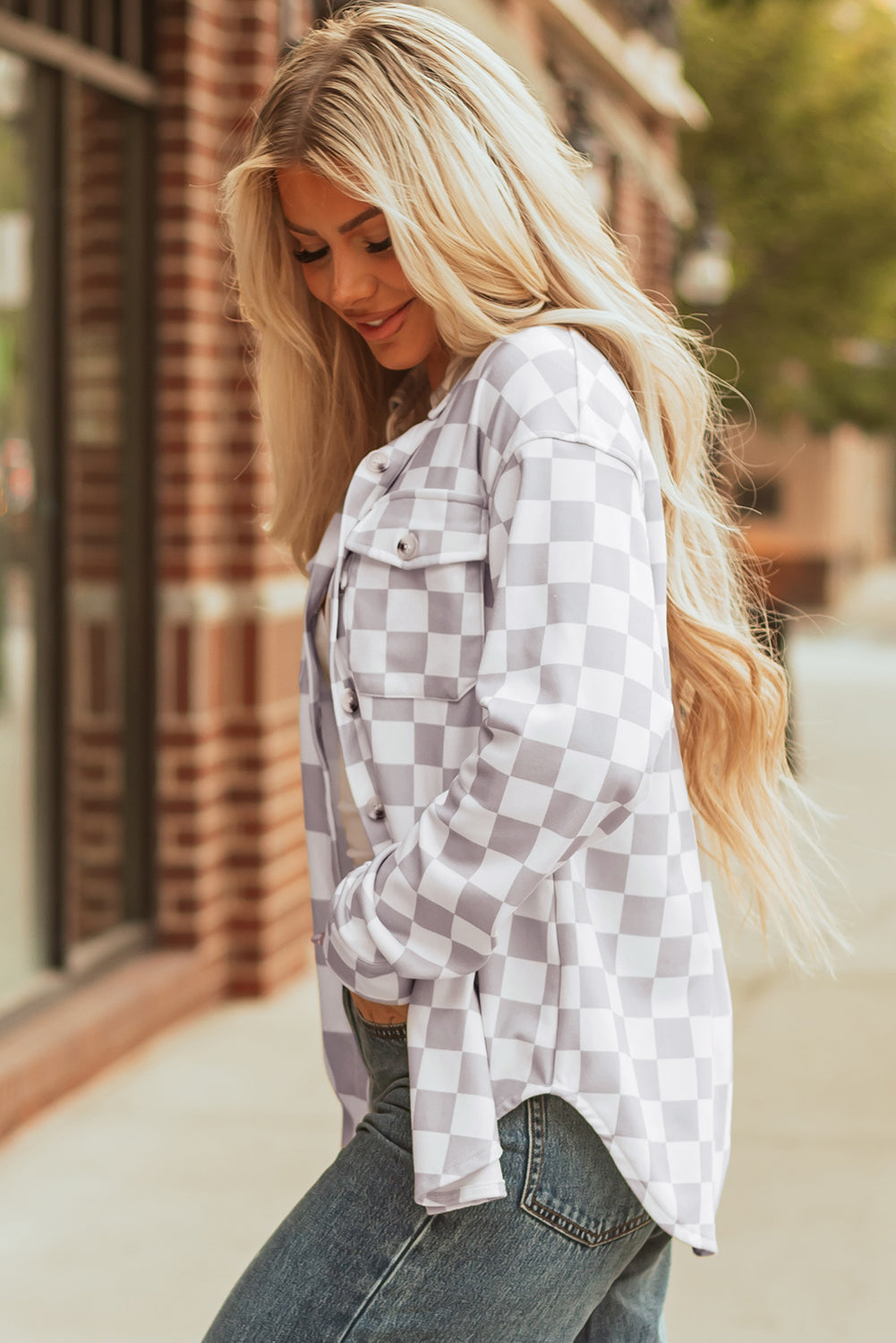 Checkerboard Plaid Button Front Casual Shacket