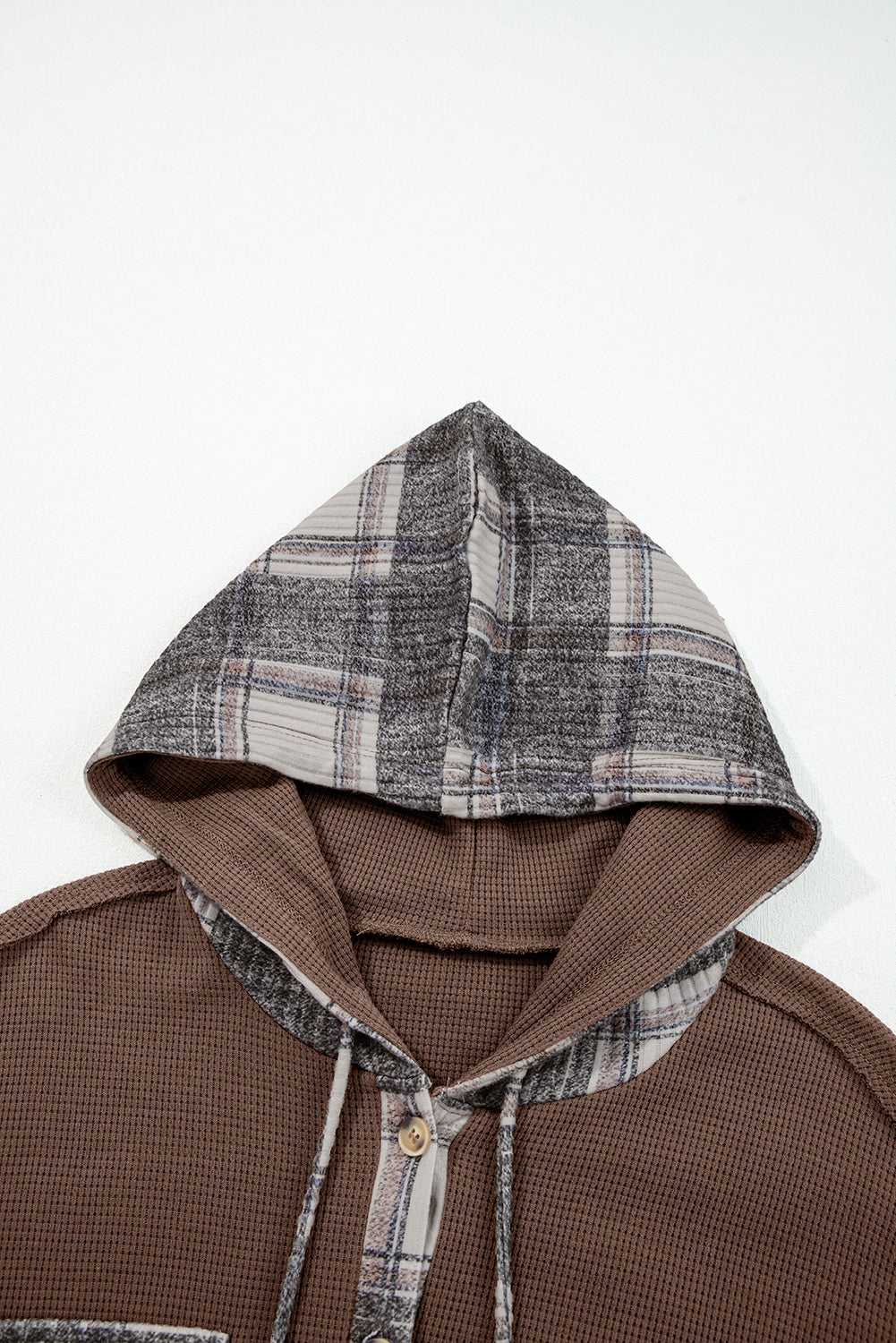 Plaid Patchwork Button Down Hooded Waffle Shacket