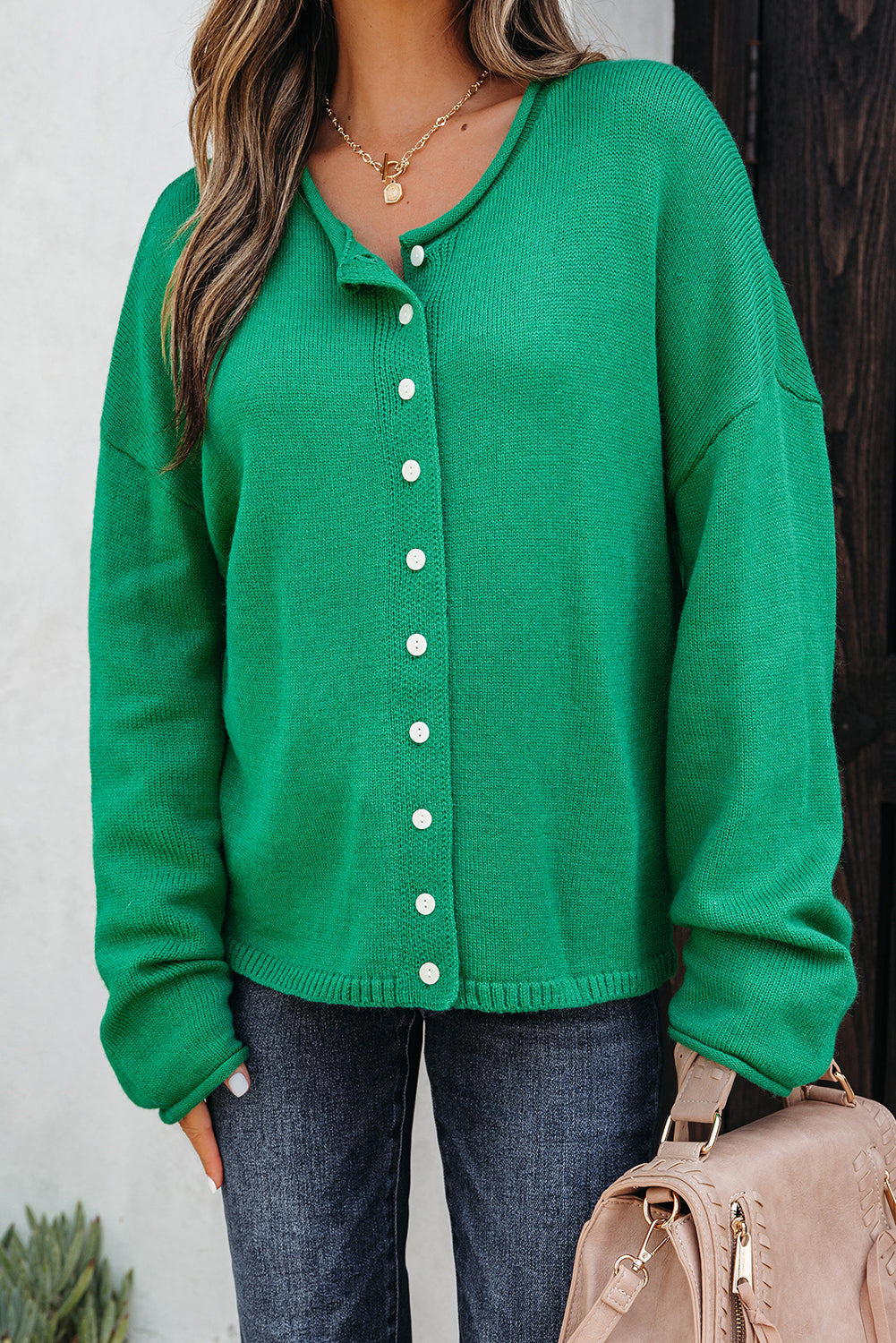 Bright Green Knit Button Front Drop Shoulder Cardigan