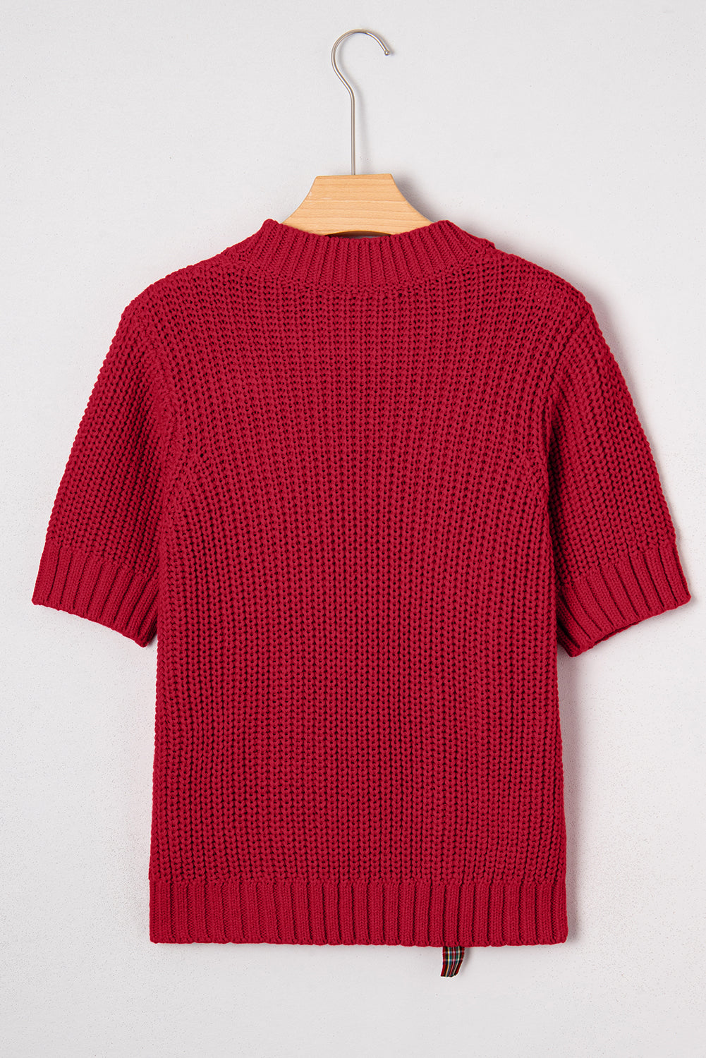 Plaid Lace up Detail Christmas Holiday Puff Short Sleeve Sweater