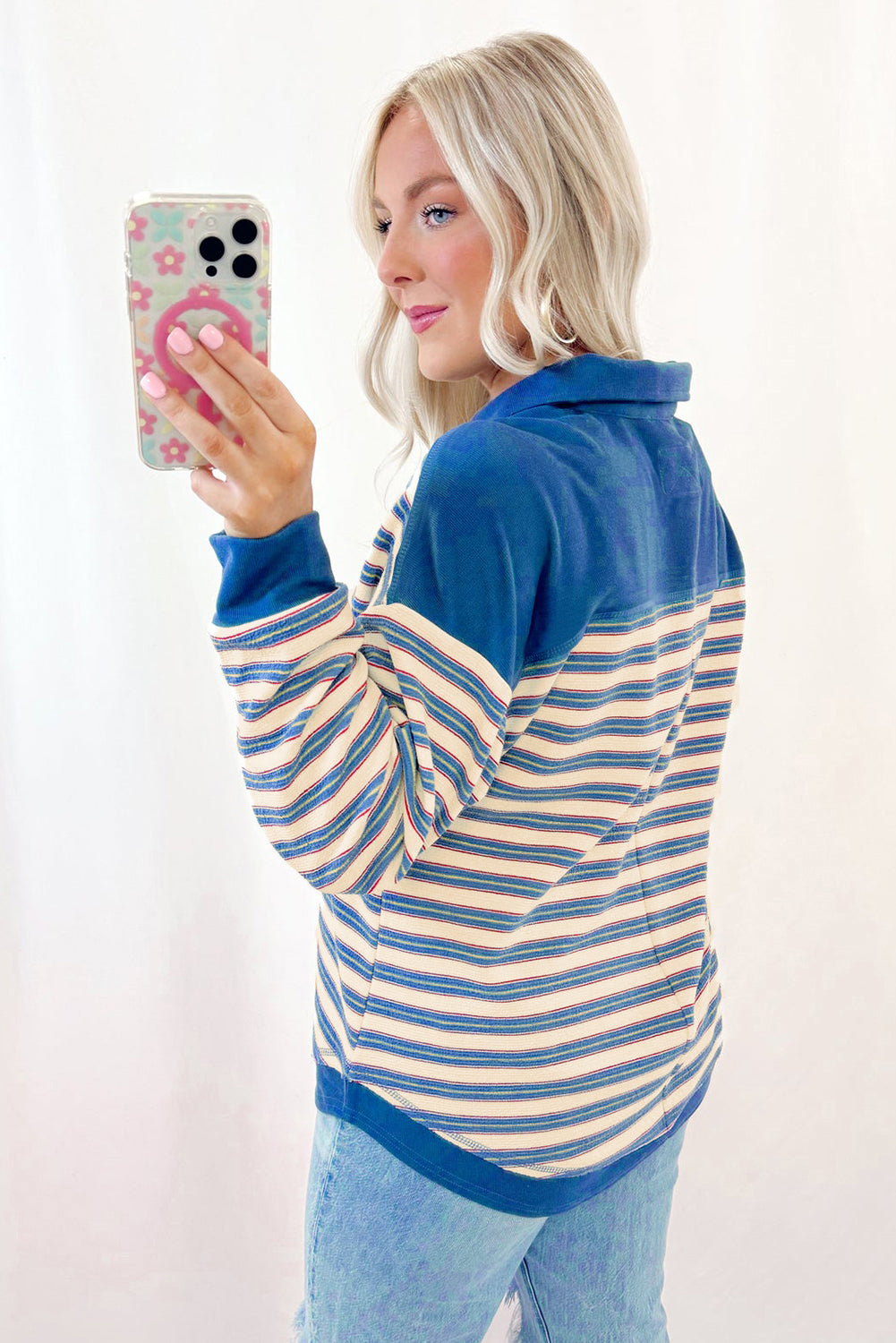 Buttoned V Neck Collared Drop Shoulder Top