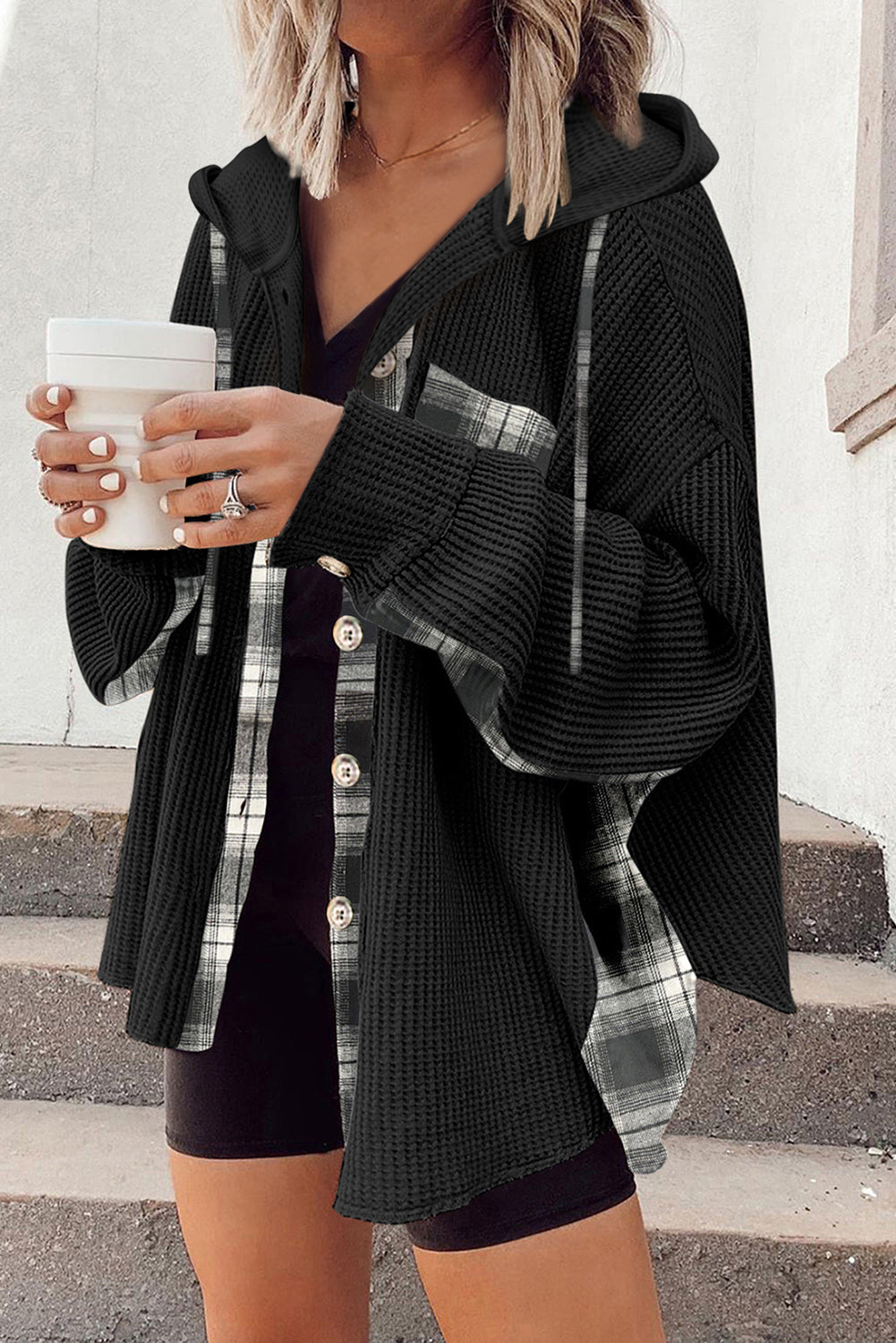 Black Waffle Knit Plaid Hooded Shacket