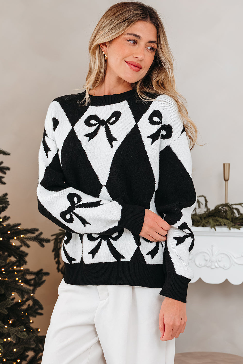 Bow Print Colorblock Rhombus Knit Sweater