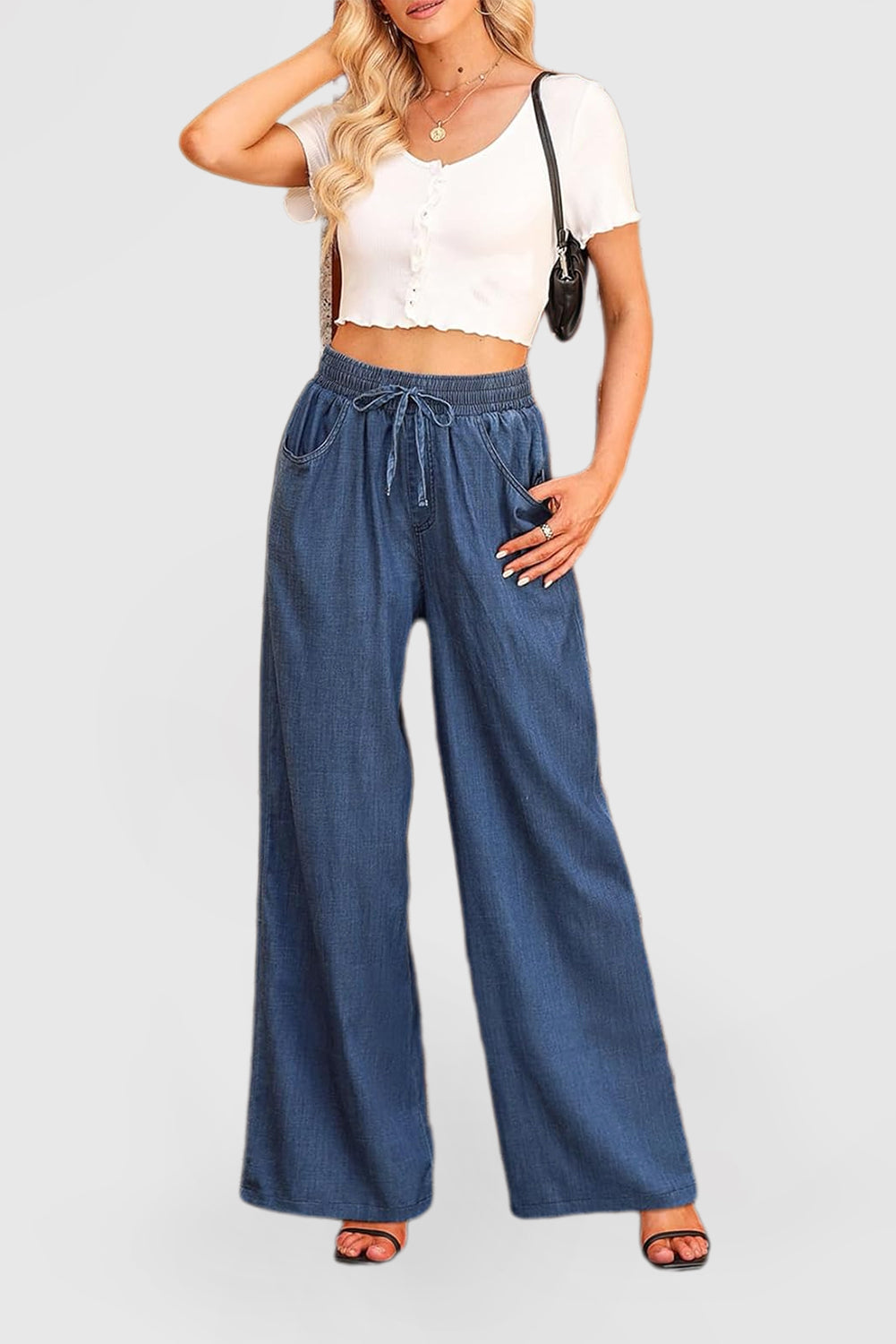 Women's High-Rise Wide-Leg Drawstring Denim Pants