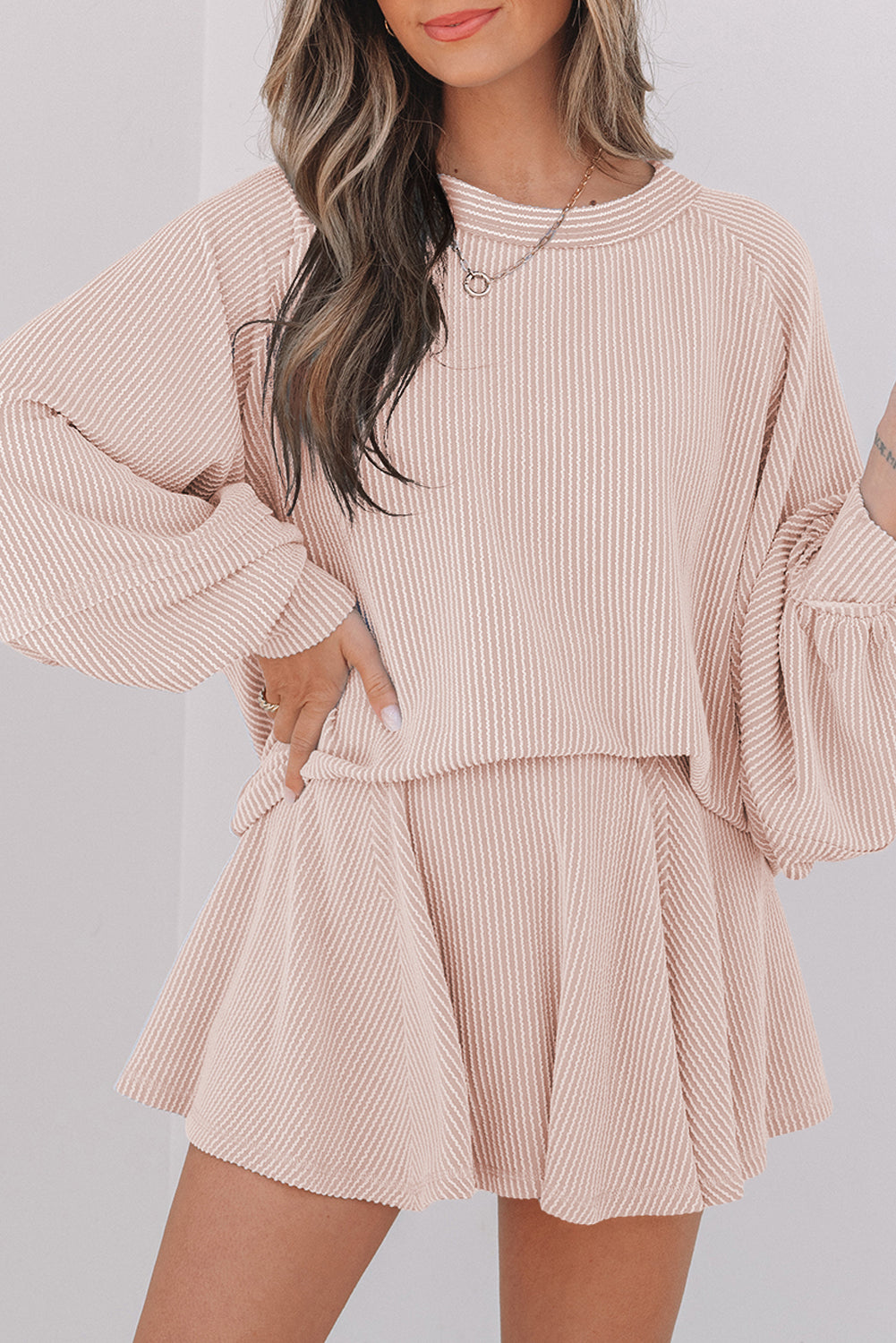 Corded Lantern Sleeve Top High Waist Ruffled Skirt Set