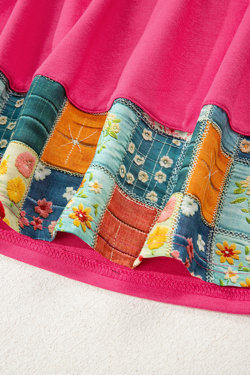 Strawberry Pink Floral Hemline Patchwork Casual Top