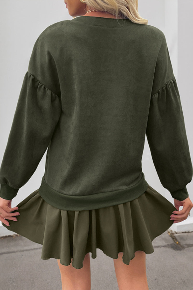 Sweet Puff Sleeve Sweatshirt Dress with Ruffle Hem