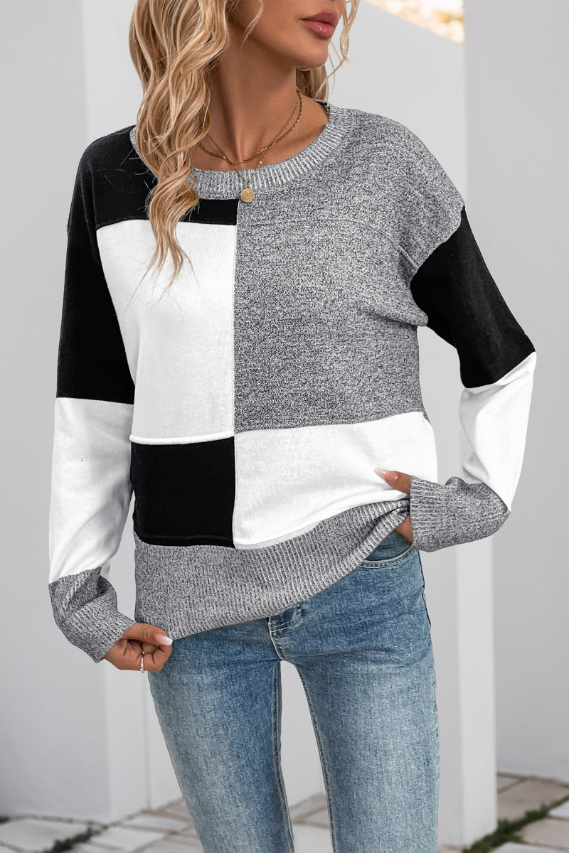 Colorblock Grid Patchwork Knit Pullover Sweater