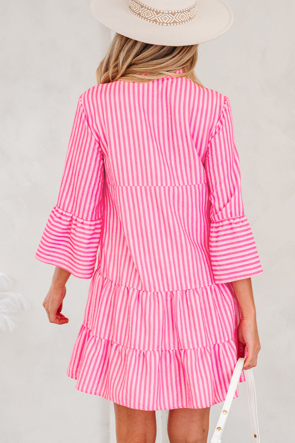 Pink Stripe V Neck Flare Sleeve Mini Dress