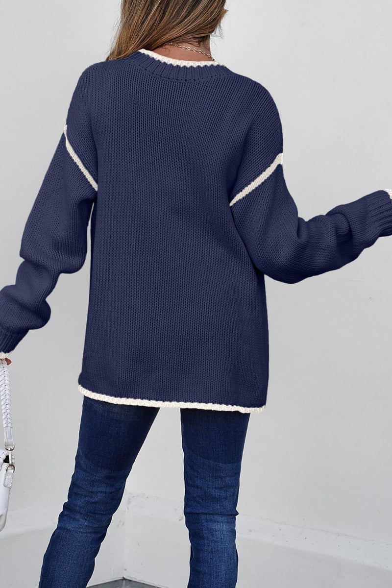 Women Color Block Crew Neck Pullover Sweater