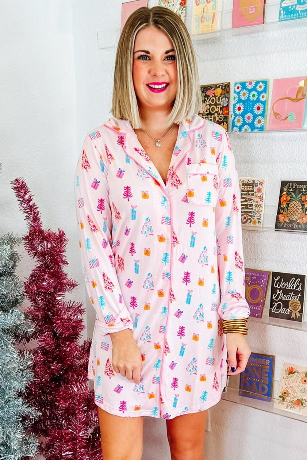 Pink Christmas Tree Print Button-Down Sleep Dress