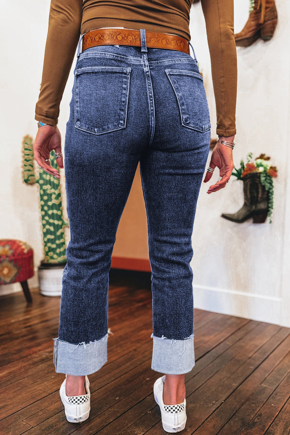 Folded Cuffs Distressed Straight High Waist Jeans