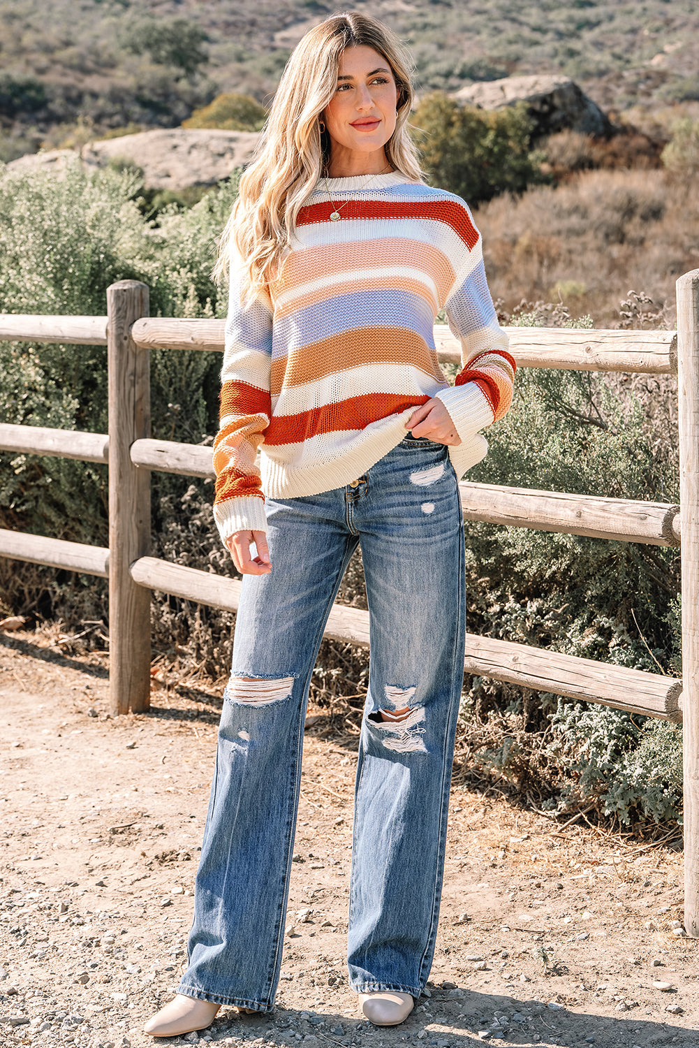 Striped Colorblock Round Neck Drop Shoulder Sweater