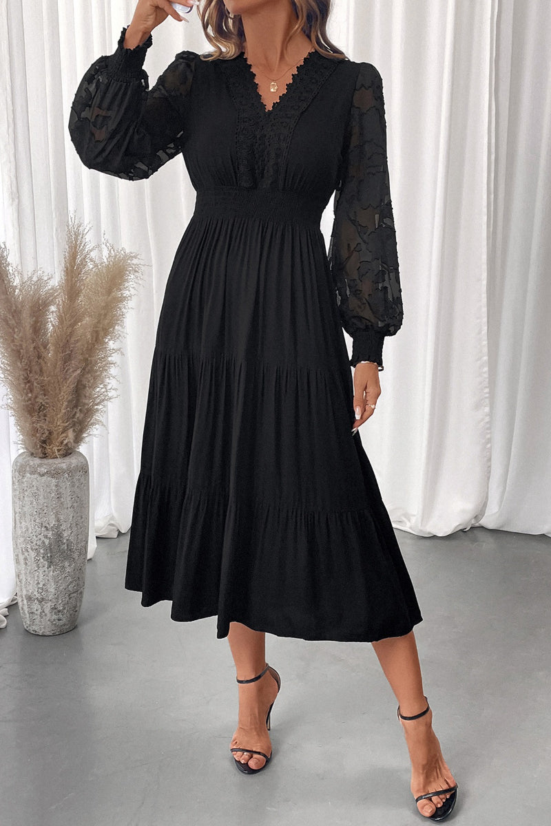 Fall Winter Elegant V Neck Long Sleeve Midi Dress