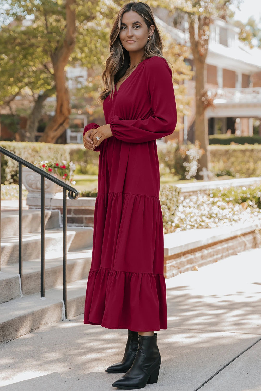 Solid Long Sleeve Button V Neck Tiered Maxi Dress