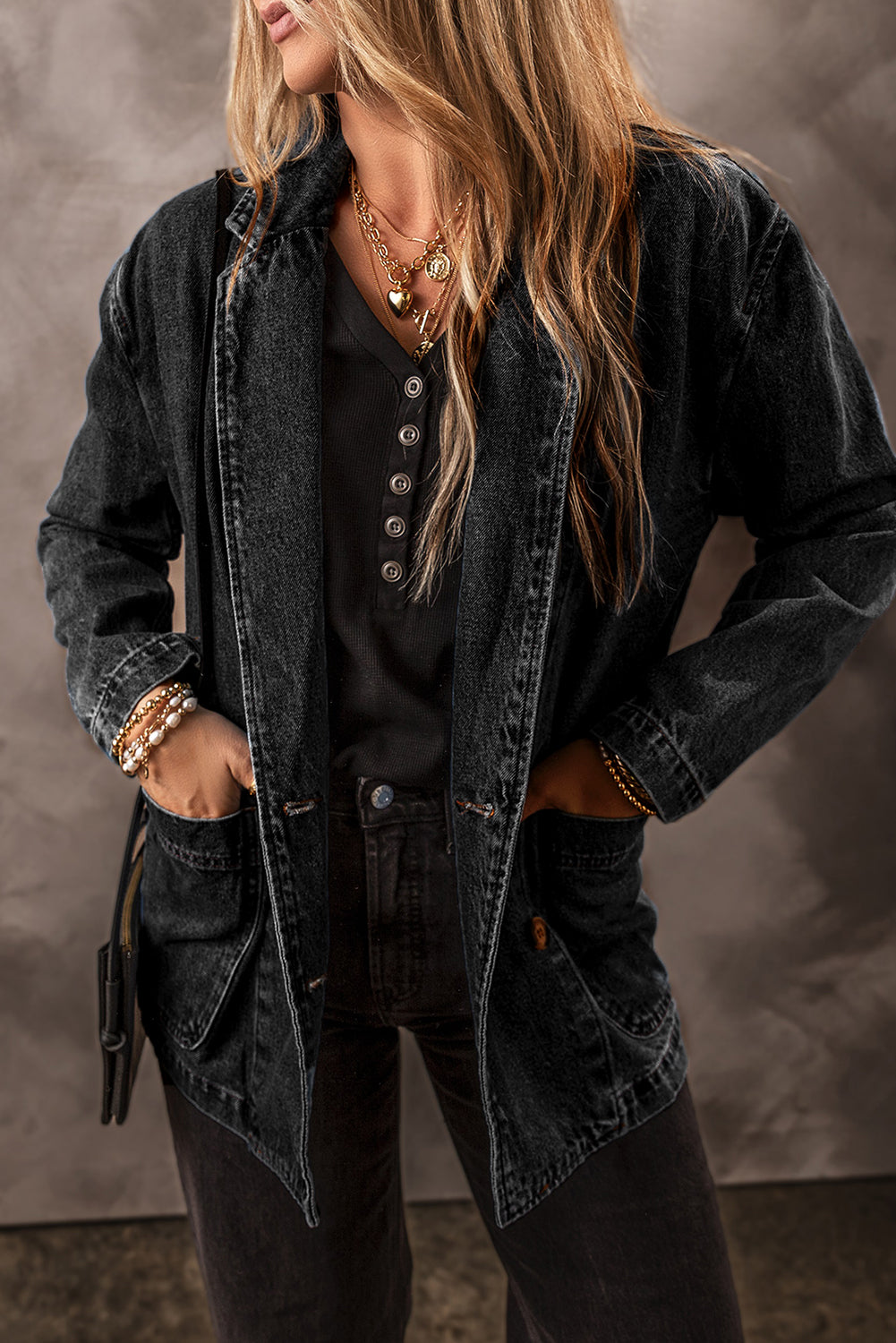 Black Denim Jacket with Lapel Collar and Side Pockets