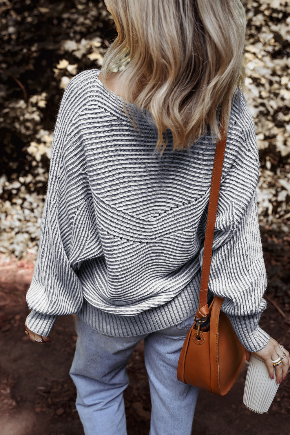 Striped Knit Oversized Boat Neck Fall Sweater