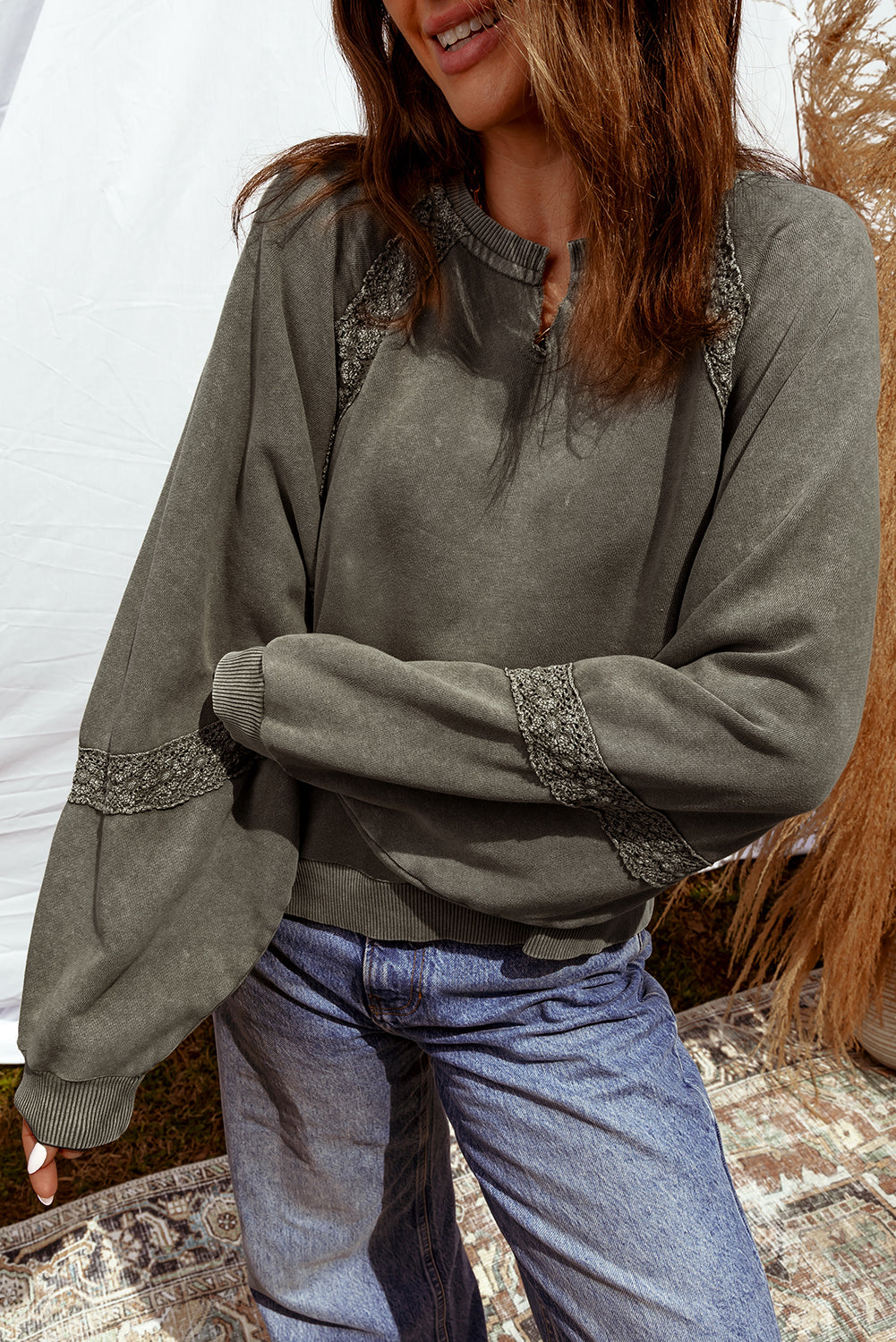 Vintage Lace Patch Mineral Wash Oversized Sweatshirt