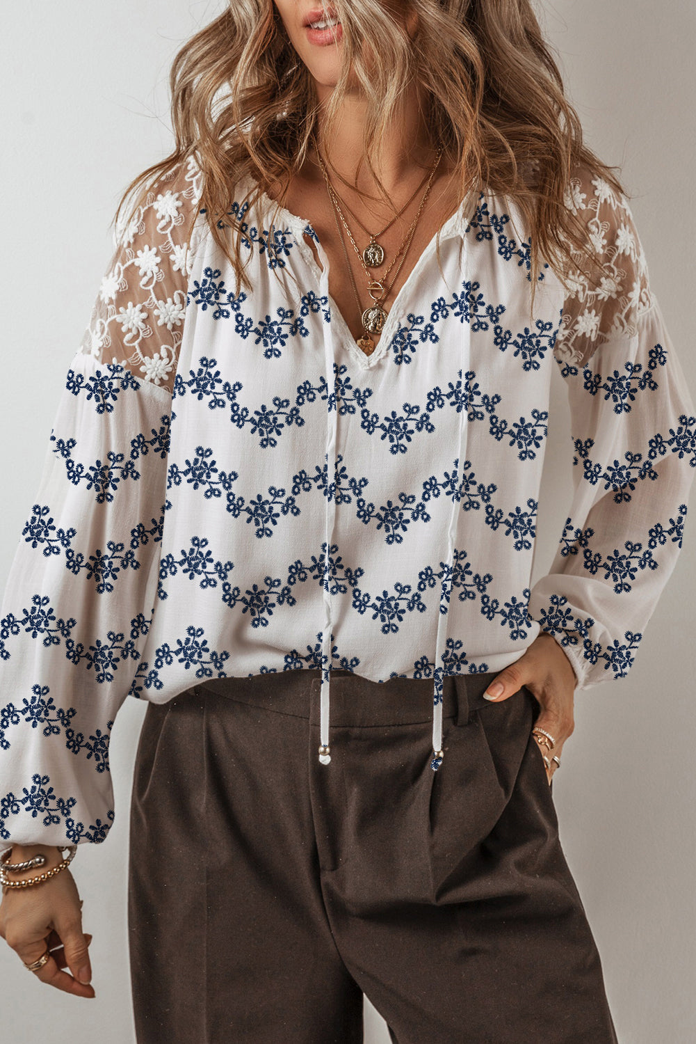 Lace Patchwork Embroidered Split Neck Fall Blouse