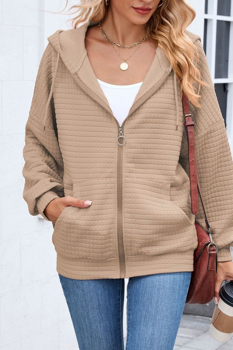 Quilted Zip-Up Hoodie Casual Long Sleeve Sweatshirt