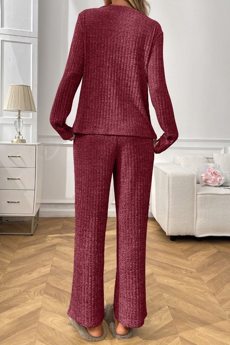 Womens Ribbed Knit Lounge Set Off Shoulder Pajama