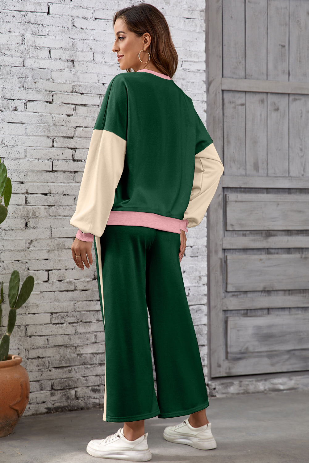 2pcs Color Block Casual Pullover Pant Set
