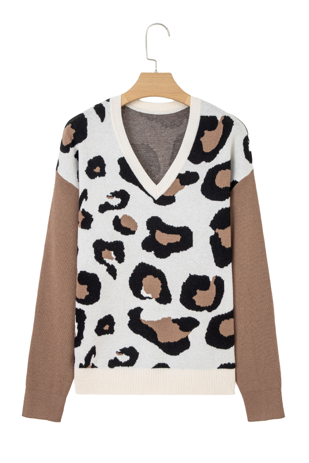 Stream Leopard Print Color Block Patchwork V Neck Sweater