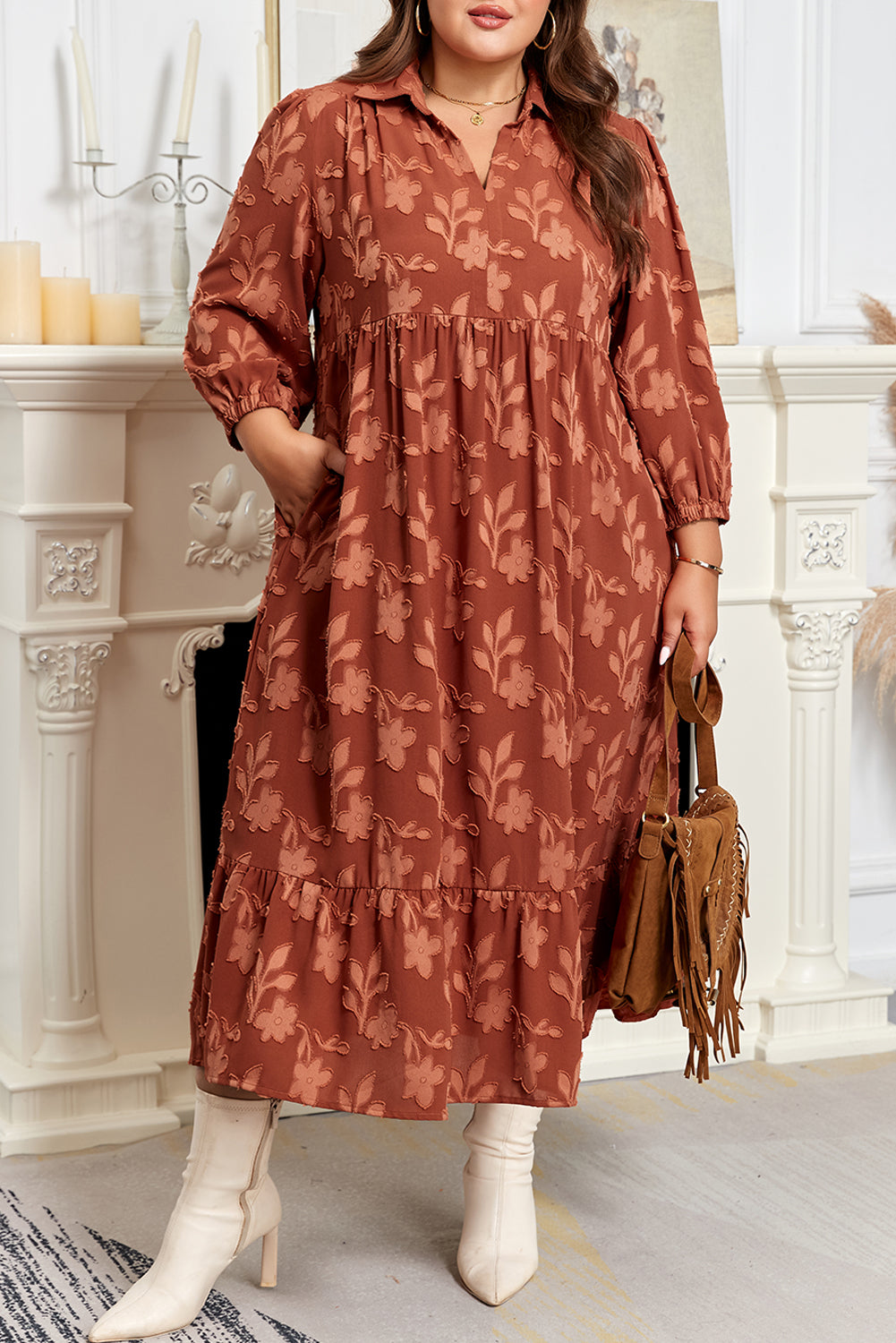 Cinnamon Plus Size Floral Ruffle Hem Long Dress