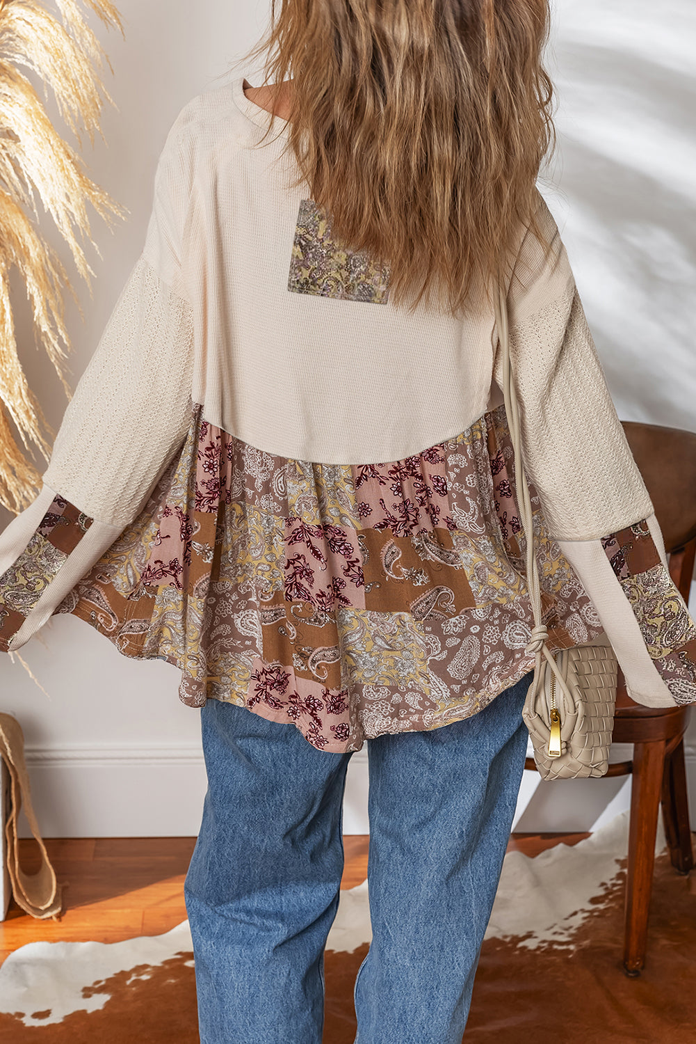 Paisley Patchwork V Neck Long Sleeve Fall Top