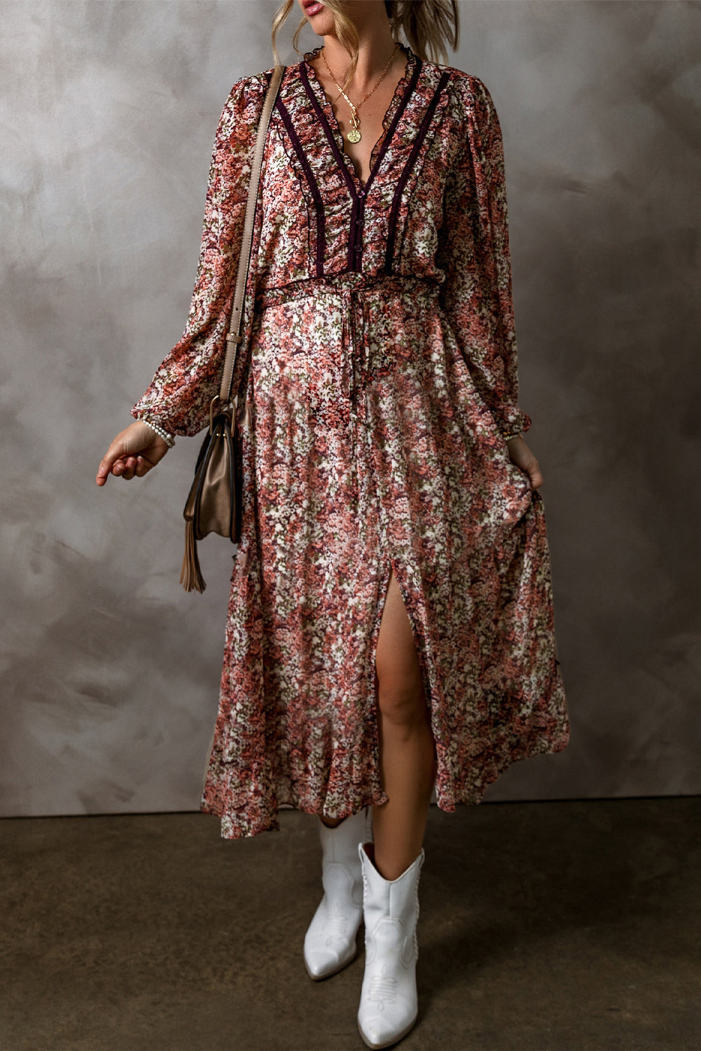 Floral Print V Neck Bishop Sleeve High Waist Midi Dress
