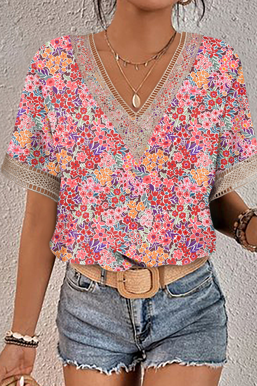 Blue Lace Trim V Neck Short Sleeve Blouse
