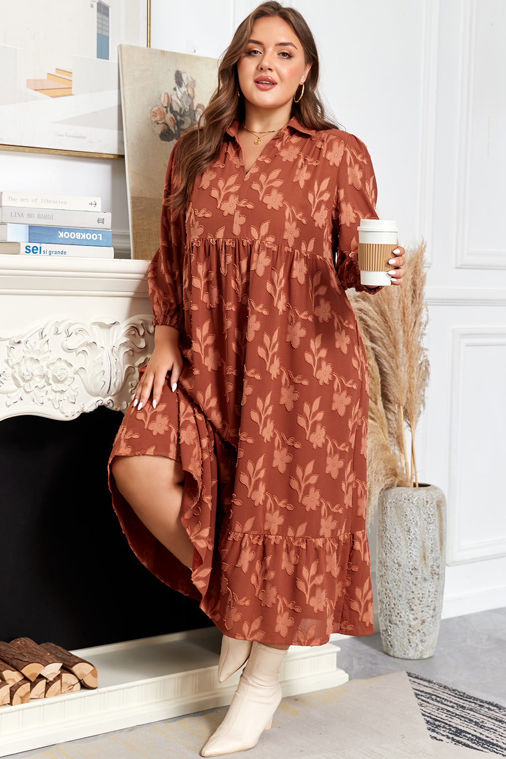 Cinnamon Plus Size Floral Ruffle Hem Long Dress