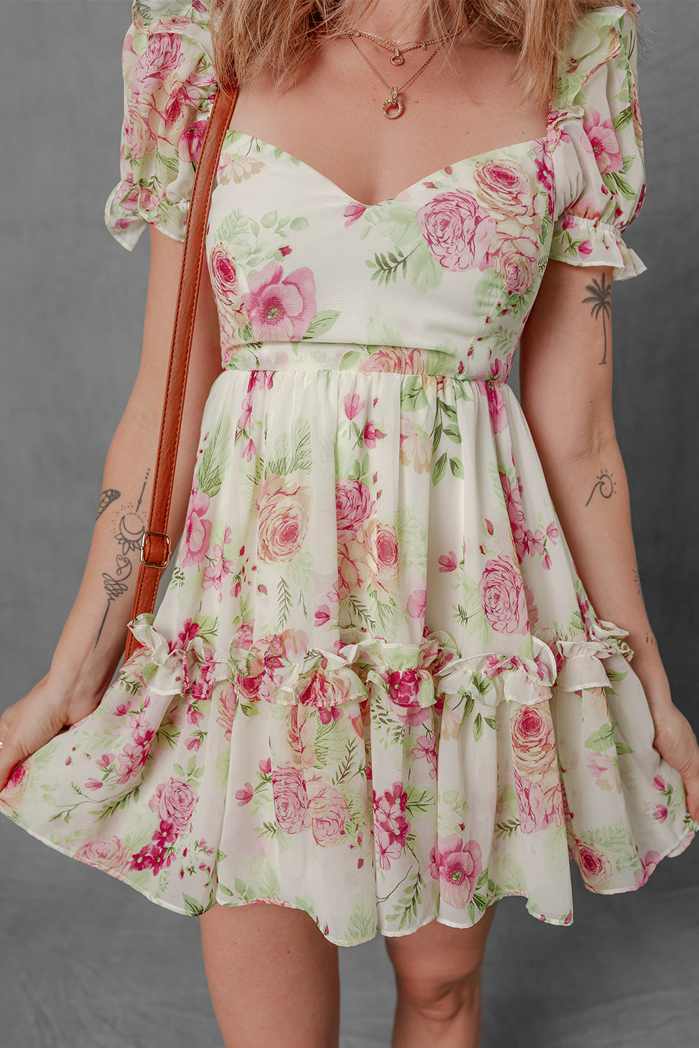 White Vibrant Floral Bubble Sleeve Ruffle Mini Dress