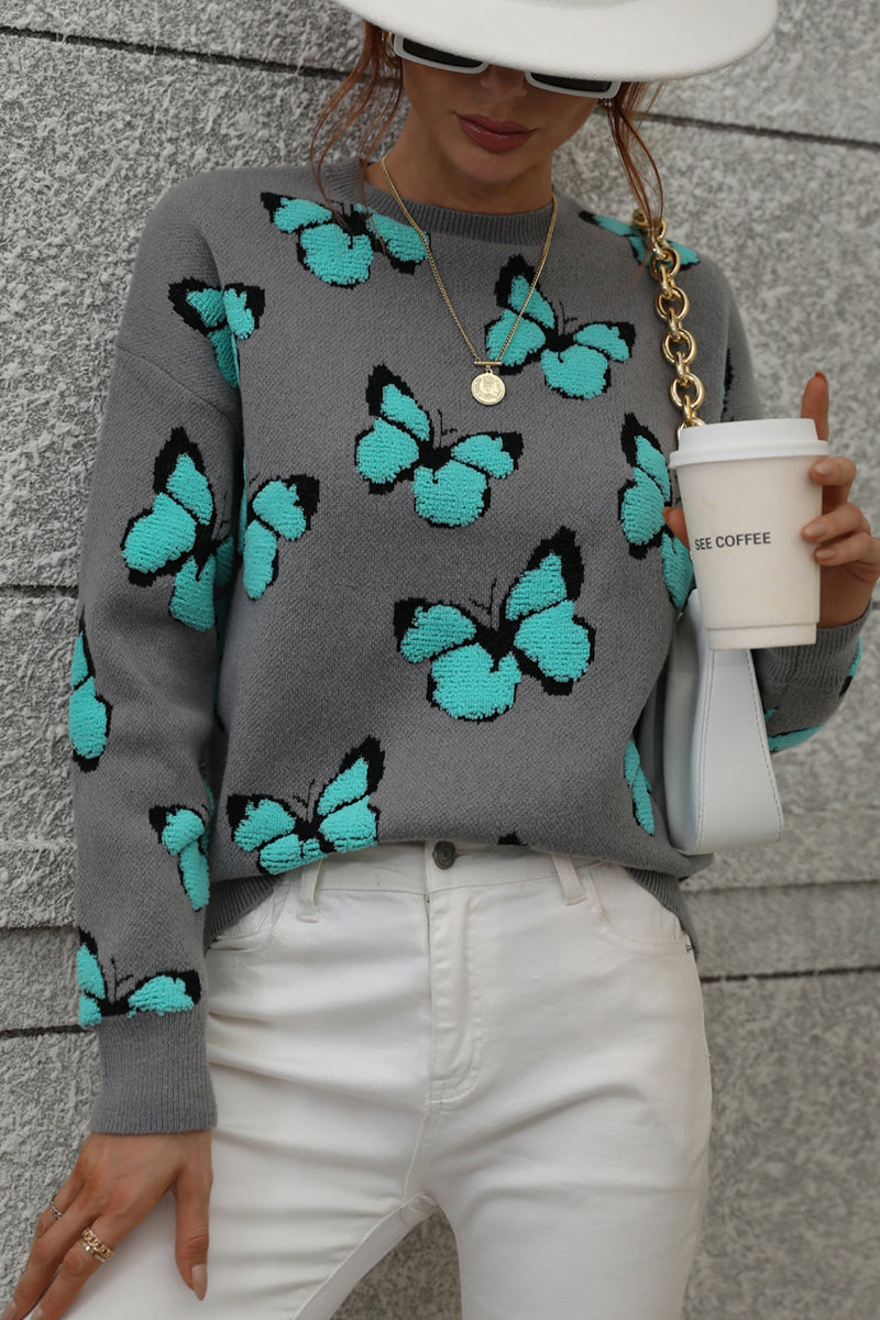 Womens Butterfly Print Crewneck Knit Sweater
