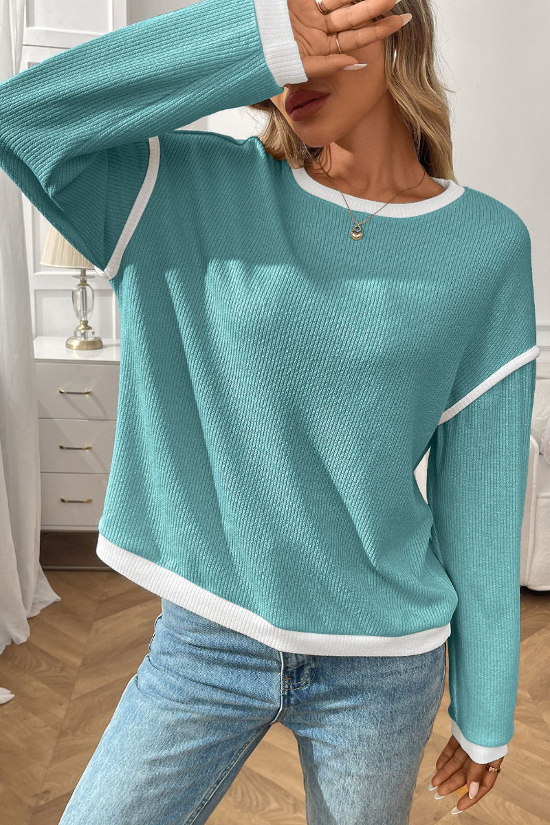 Colorblock Knit Look Crewneck Pullover Top