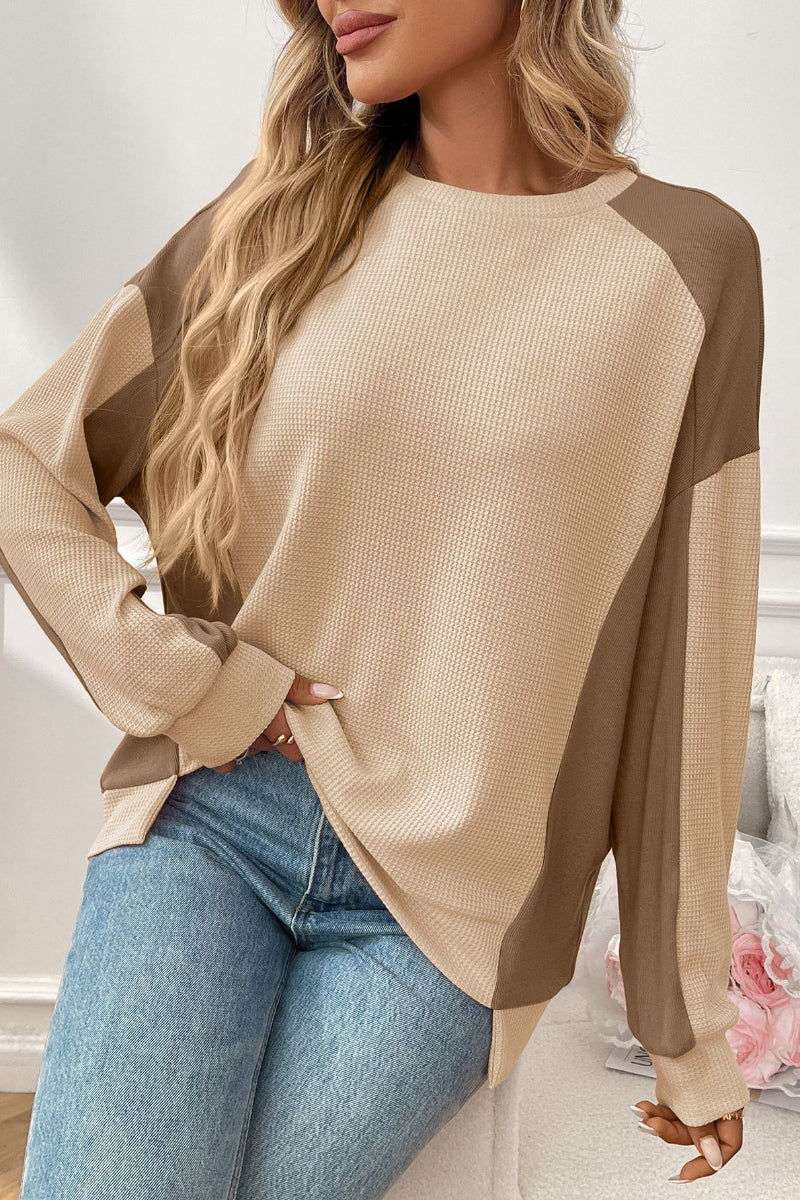 Colorblock Waffle Knit Crewneck Long Sleeve Top