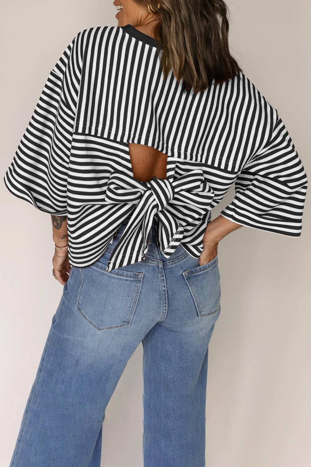 Striped Bow Back Cutout Wide Sleeve Loose Top