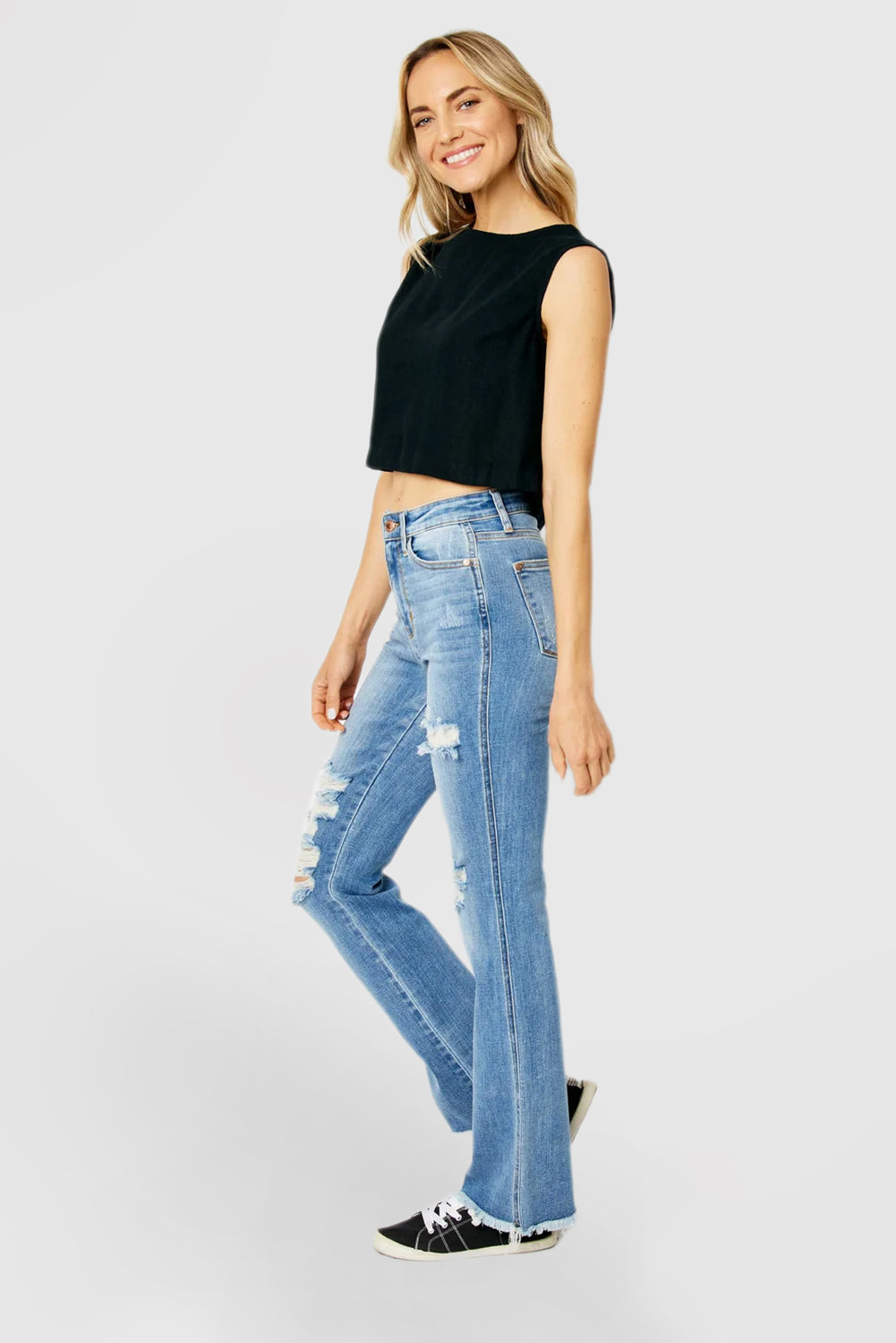 High Rise Bootcut Jeans with Ripped Hem