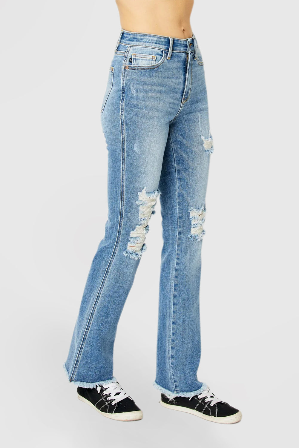 High Rise Bootcut Jeans with Ripped Hem