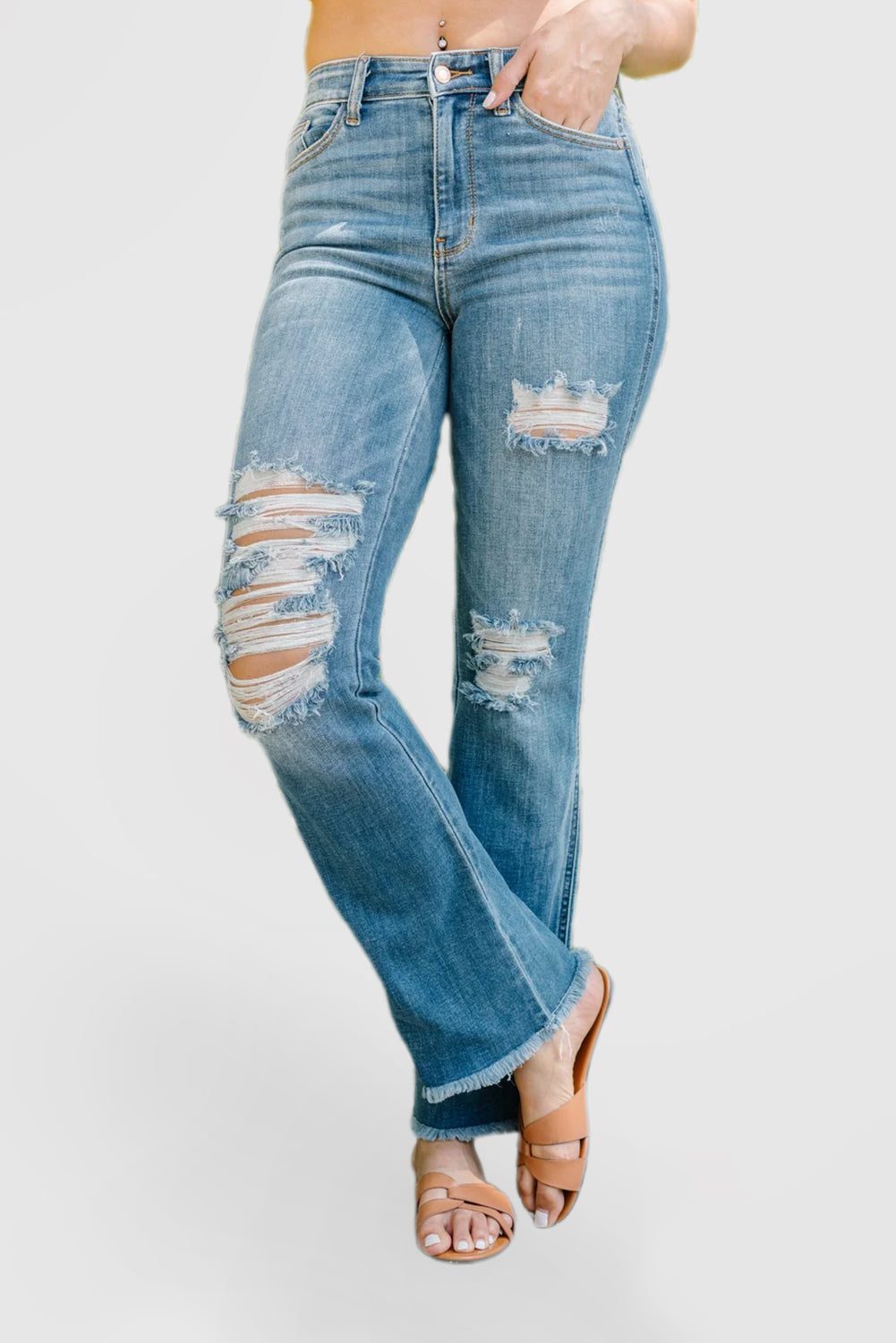 High Rise Bootcut Jeans with Ripped Hem