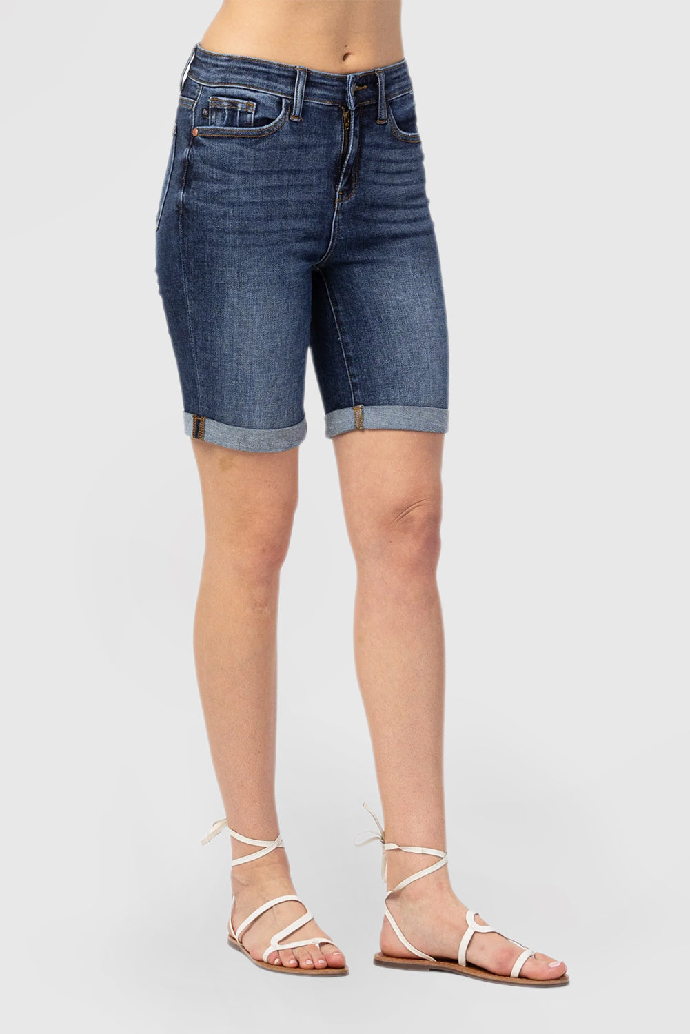 Dark Blue Denim Mid-Length Shorts With Pockets