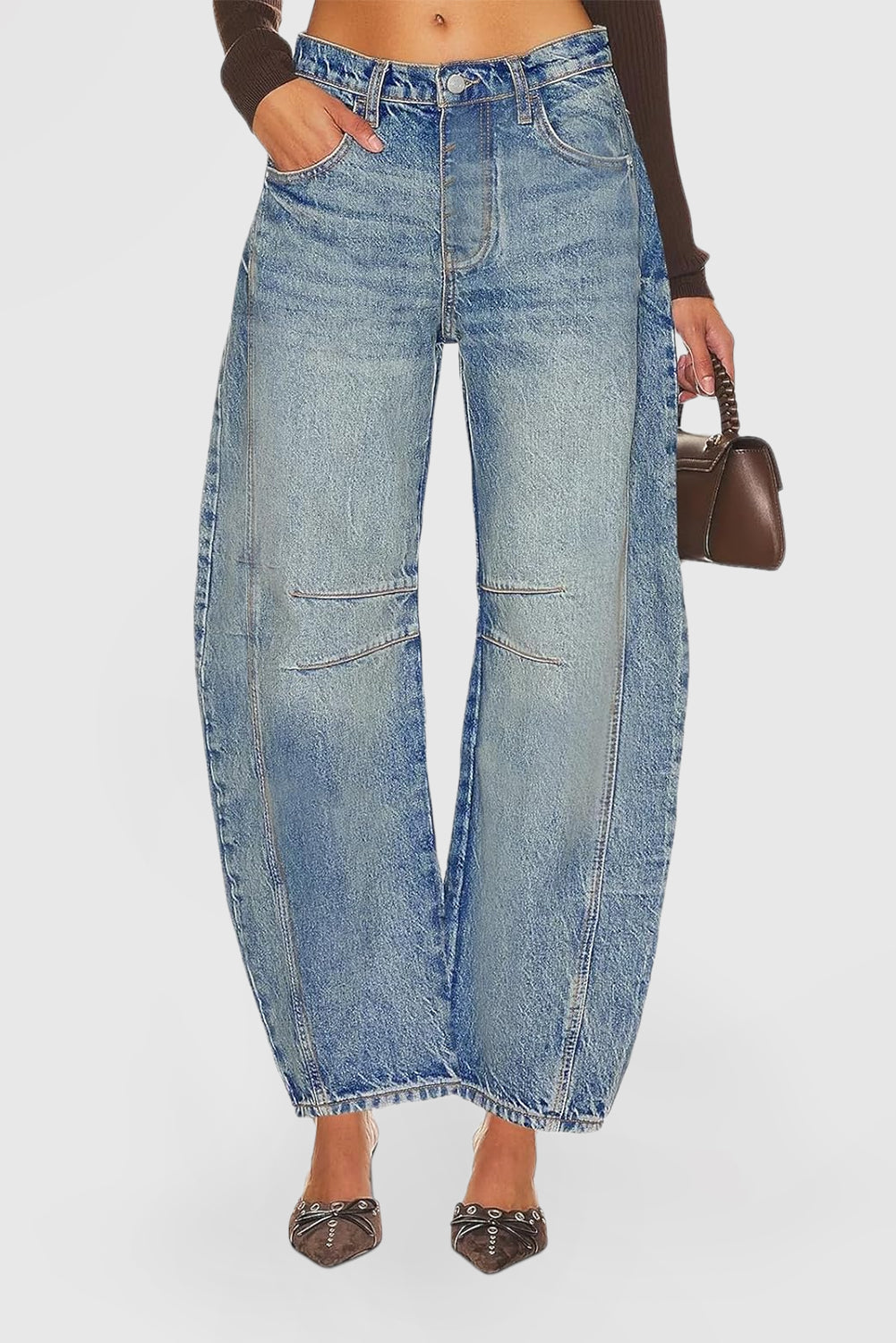 Women's Vintage Mid-Rise Baggy Boyfriend Wide-Leg Barrel Ankle Jeans