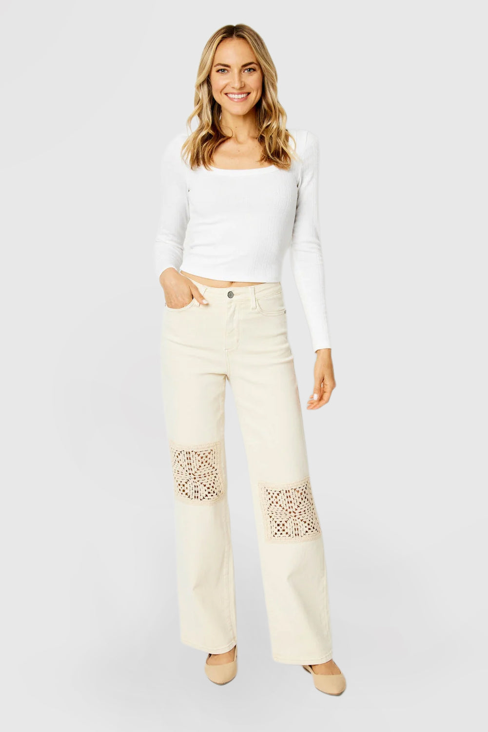 High-Waist Wide-Leg Pants with Crochet Patches