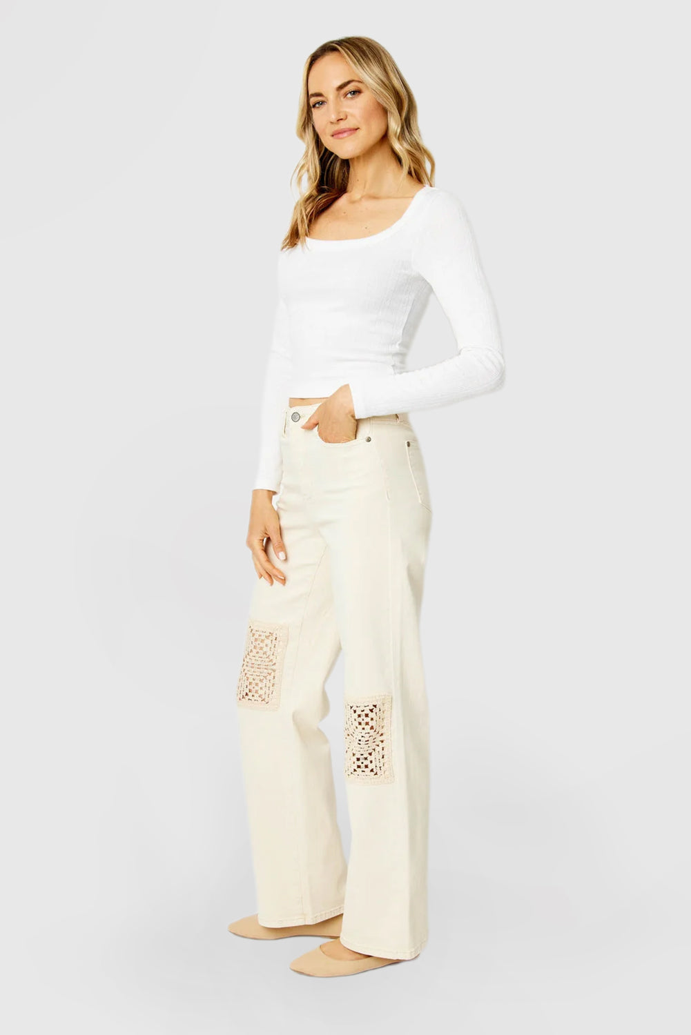 High-Waist Wide-Leg Pants with Crochet Patches